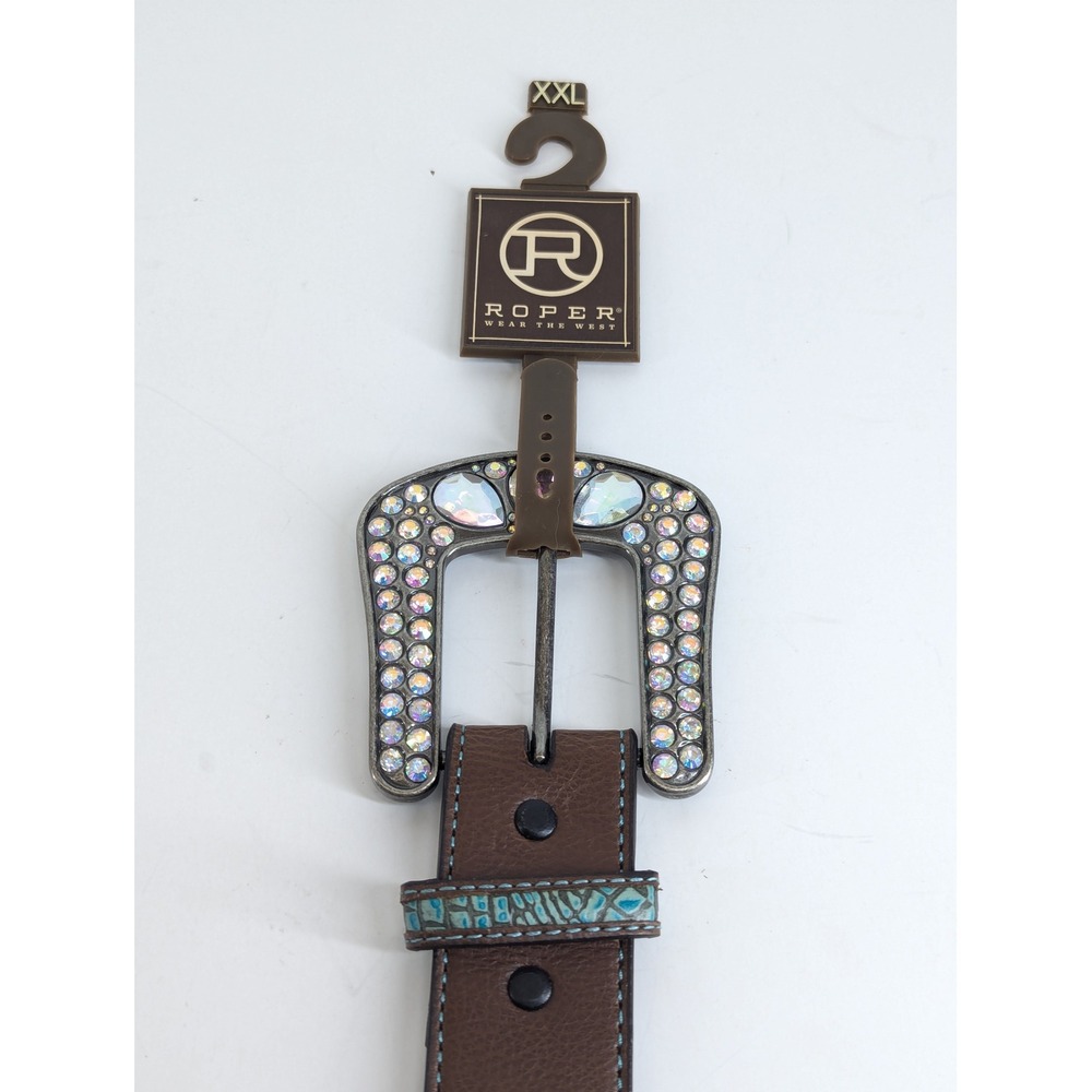 Roper Womens XXL 44/46 Brown Turquoise Leather Rhinestone Western Belt NWT - Picture 5 of 6